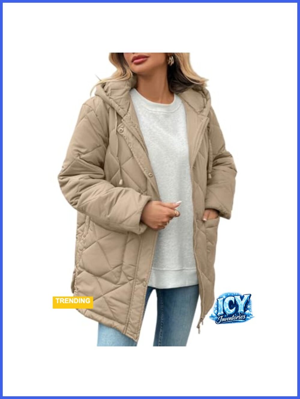 Women's Quilted Puffer Jacket Hooded Full Zip Diamond Coat Pockets